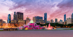 Panoramic view of Chicago City and Buckingham fountain at sunset